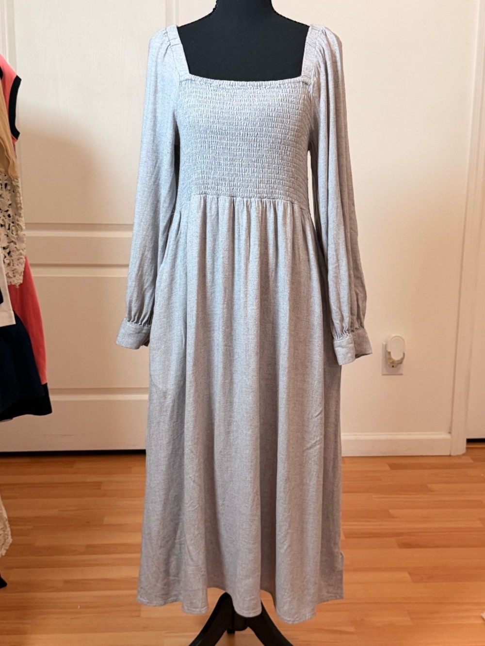 Madewell Cottagecore Gray Smocked Square Neck Midi Dress Sz L